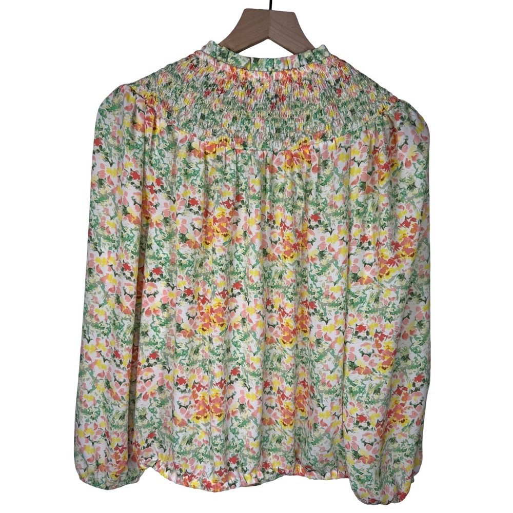 LOFT Floral Smocked High Neck Blouse XS NWT Pink Yellow Green Long Sleeve Top - Picture 4 of 6